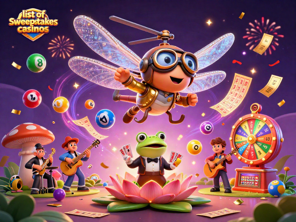 Engage in thrilling games at the list of sweepstakes casinos under the vibrant magic of a casino-inspired scene.