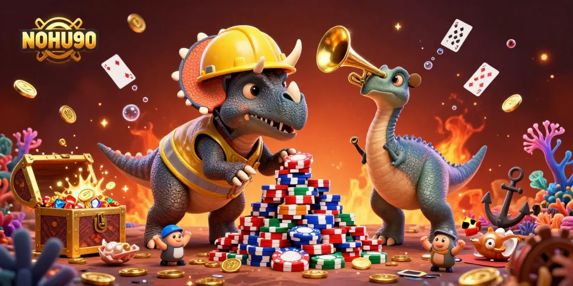 Engage in thrilling casino adventures with NOHU90 as a triceratops builds poker chip pyramids amidst underwater treasures.