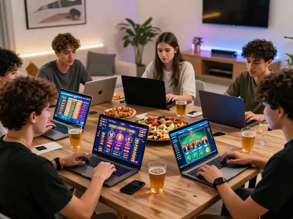 Exciting online gaming scene with young adults enjoying Tảinbet on laptops and tablets.