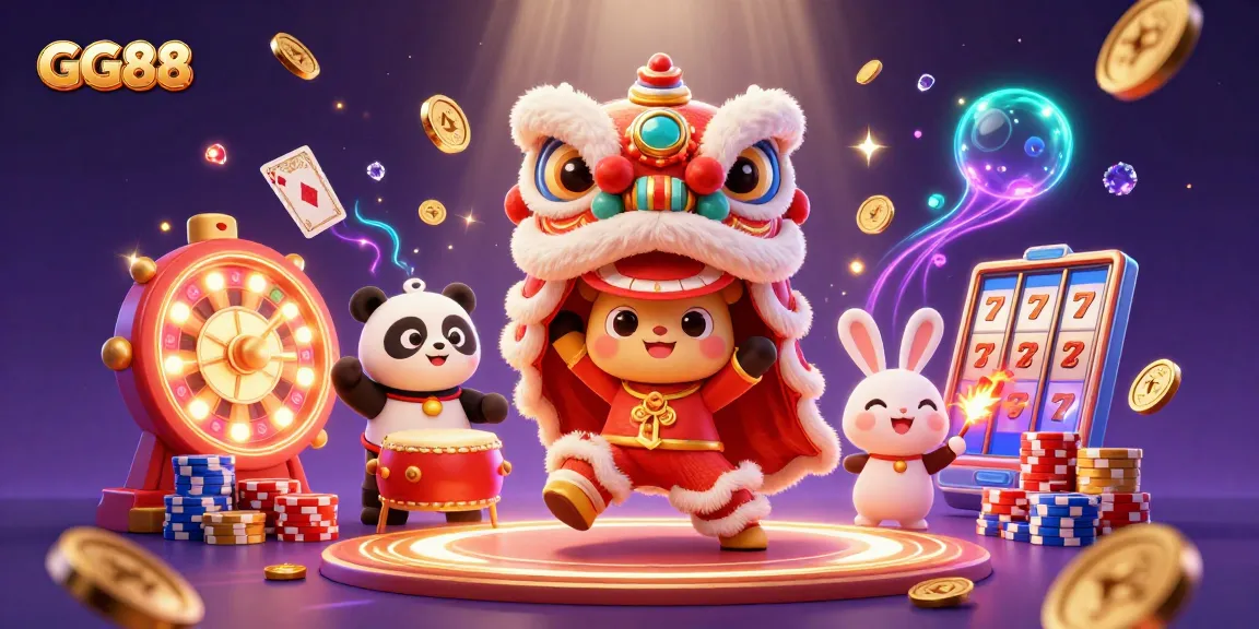 Engaging illustration of GG88 with animated characters celebrating, amidst vibrant casino elements and rich decorations.