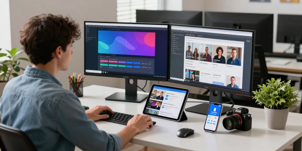 Developer using Vidmate APK on dual screens in a modern office setting.