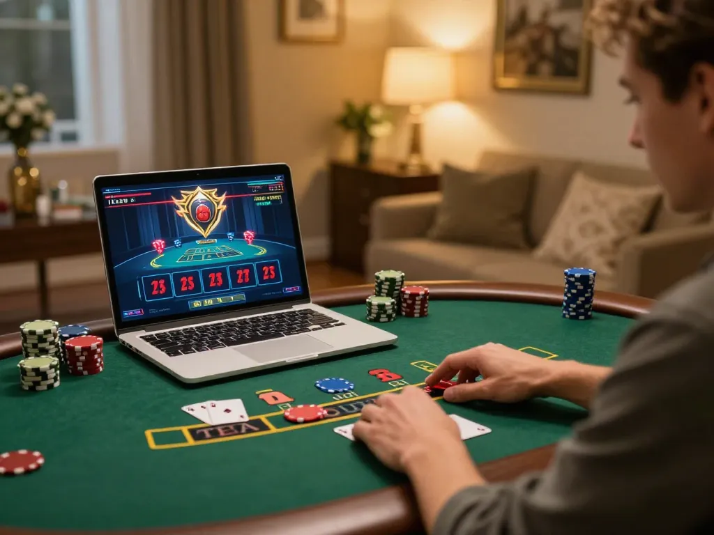 Engaging in live dealer blackjack on Link Resmi Parlay Golbos with strategic focus in a cozy home office.