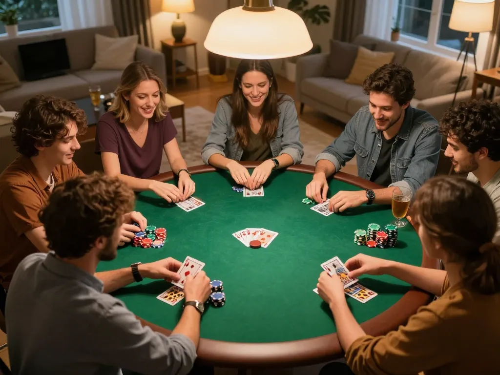 Engaged players strategizing at a home poker night with iwin club atmosphere, capturing friendly competition.