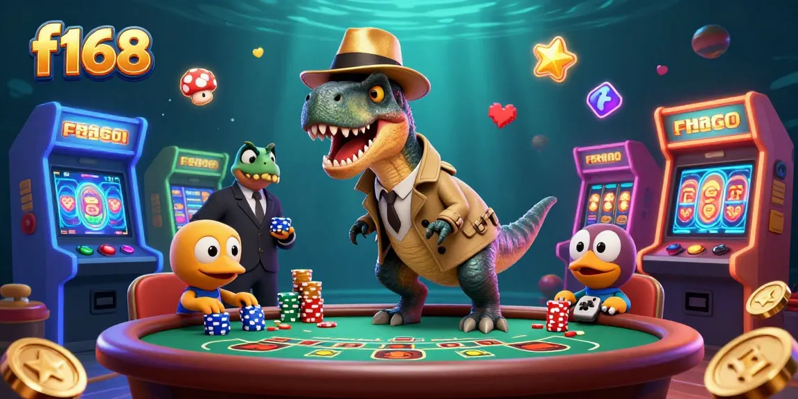 Exciting f168 casino scene with cartoon dinosaurs playing blackjack and glowing arcade machines.