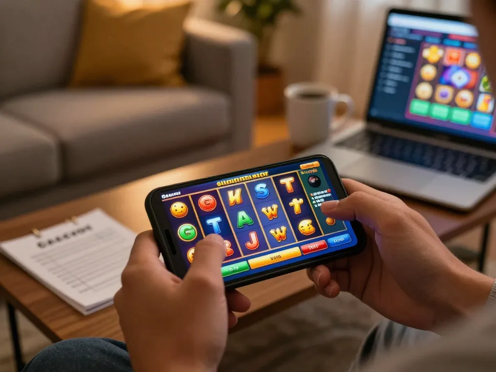 Player enjoying a slot gacor game on a smartphone, showcasing vibrant graphics and excitement.