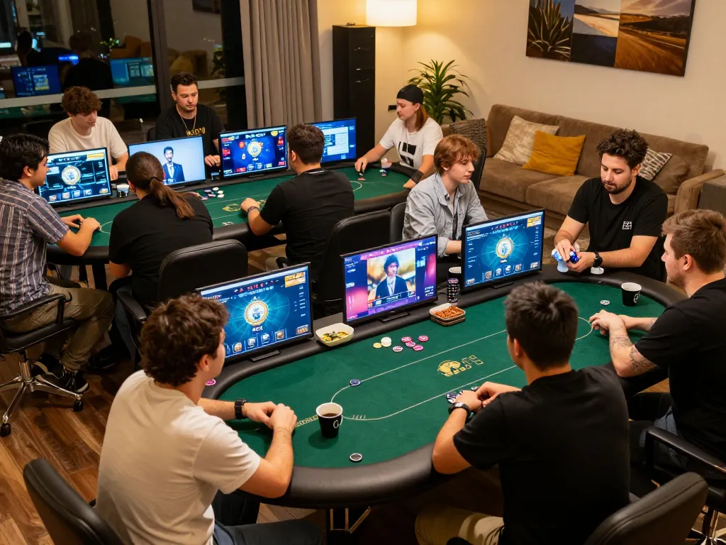 Engage with hm88 in an online poker tournament setup showcasing players discussing strategies.
