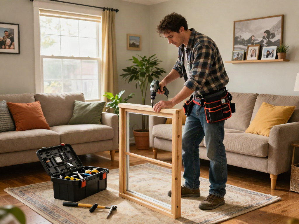 Home repair services Des Moines Iowa with handyman fixing wooden window frame and tools scattered in cozy living room.
