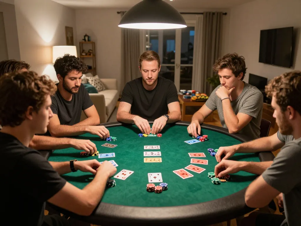 Friends enjoying an engaging poker game at home with vuabet88i, showcasing excitement and strategy.