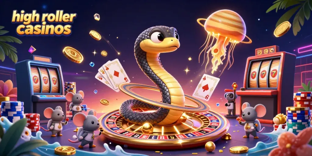 Experience high roller casinos with a playful 3D scene showing bets and poker chips amid cosmic elements.