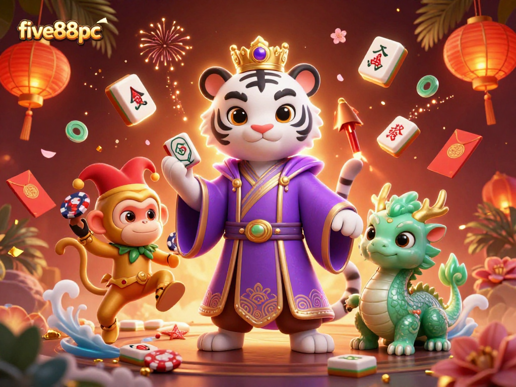 Experience the excitement at five88pc with a vibrant 3D illustration showcasing thrilling casino elements and animated characters.