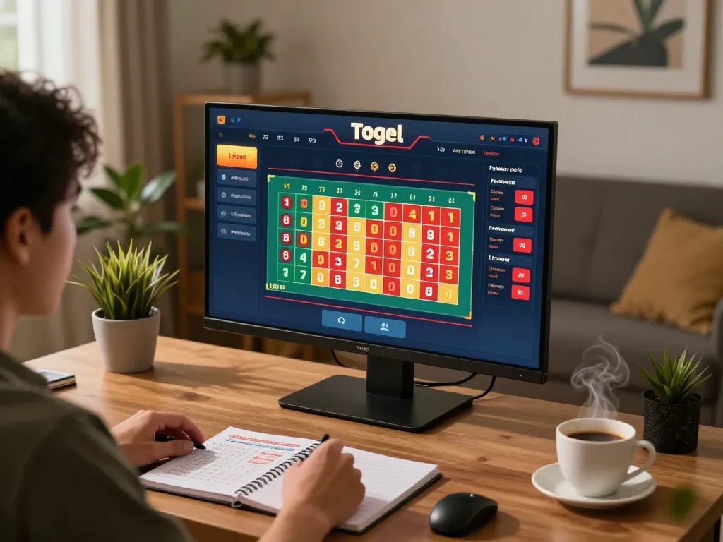 Winwin player actively engaging in Togel online with strategy notes in a cozy home office.