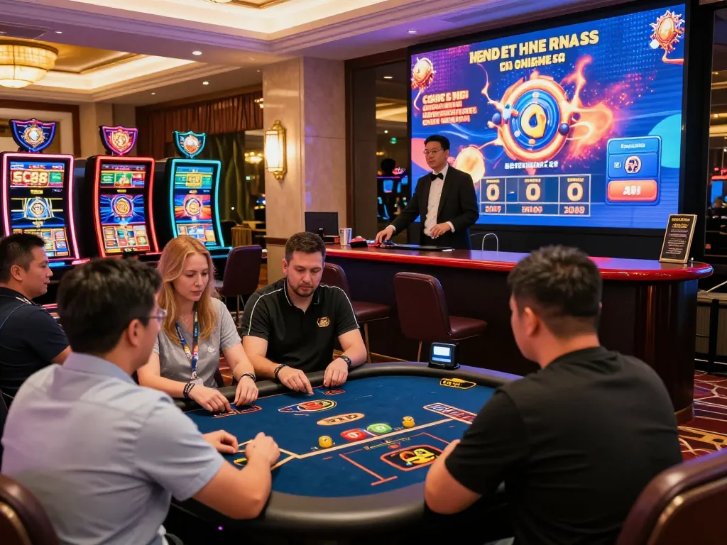 Engaged players enjoying SC88 casino games in a luxurious setting, vibrant atmosphere.