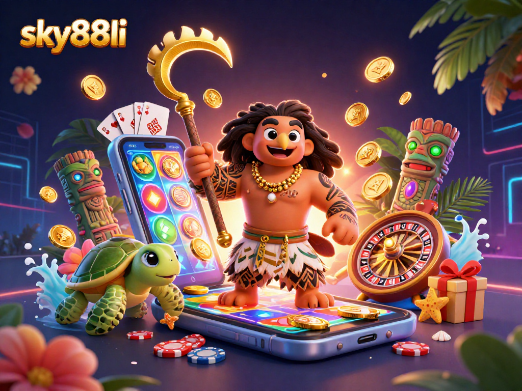 Engage with sky88li by spinning colorful slot game reels in a vibrant casino setting.