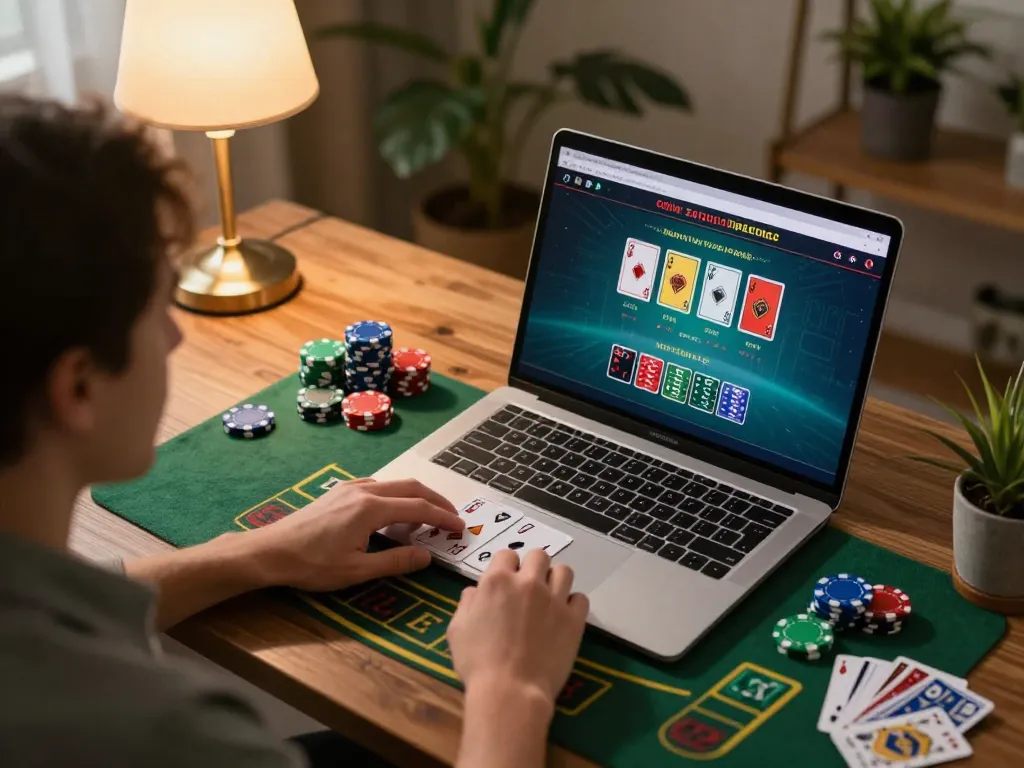 Player engaging in blackjack at go88 online casino, showcasing dynamic gameplay in a cozy home office.