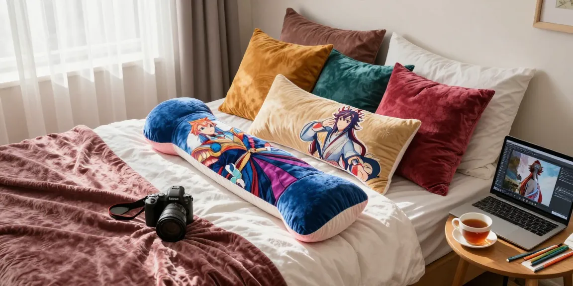 Custom body pillow showcased in a cozy bedroom with vibrant decor, highlighting personalized home comfort.