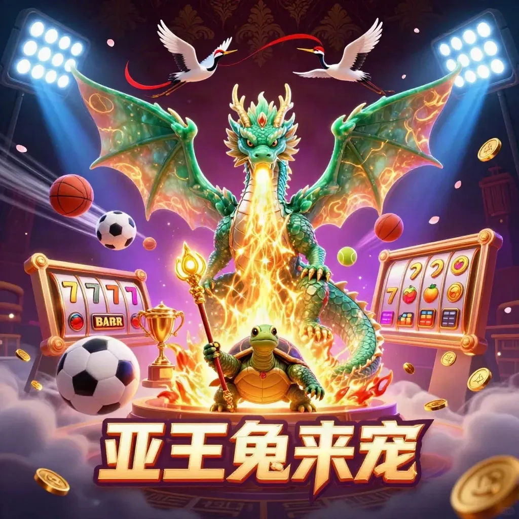 Emerald dragon, turtle sage, and cranes amid gold fire, coins, slot symbols, and neon casino glow.