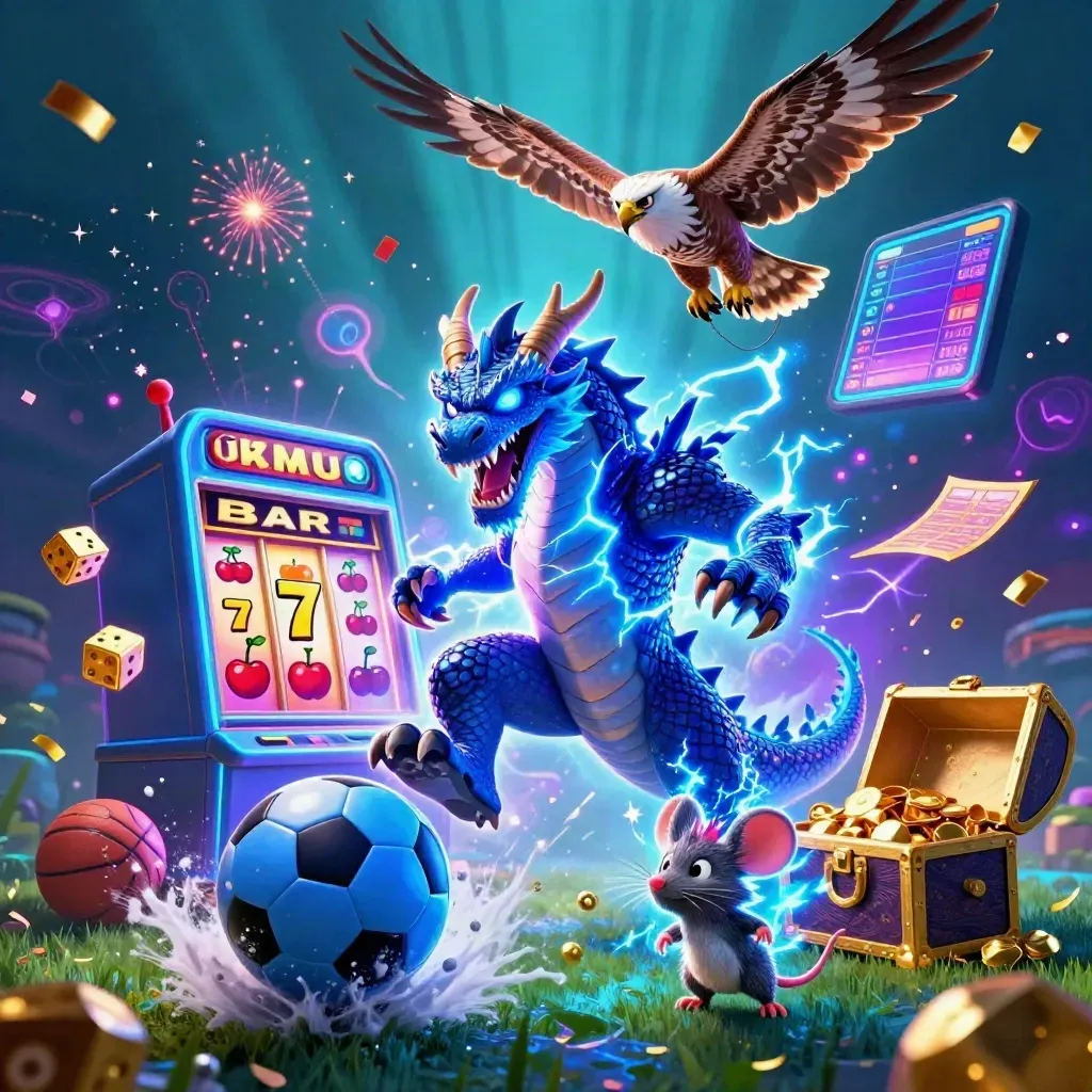 Ground-level soccer burst with dragon, hawk, mouse, slot machine, gold, and neon casino glow.