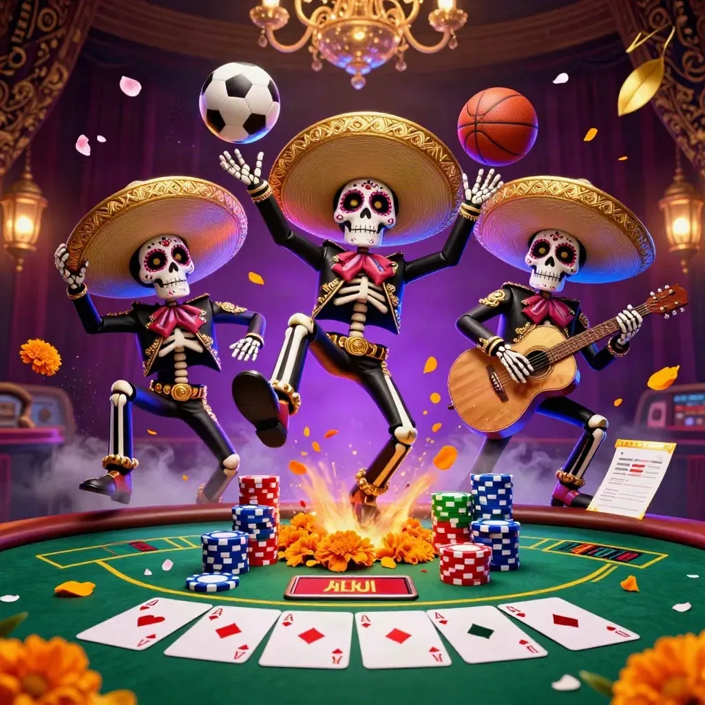 Skeleton mariachi trio amid casino chips, sports balls, petals, and glowing dark luxury backdrop.