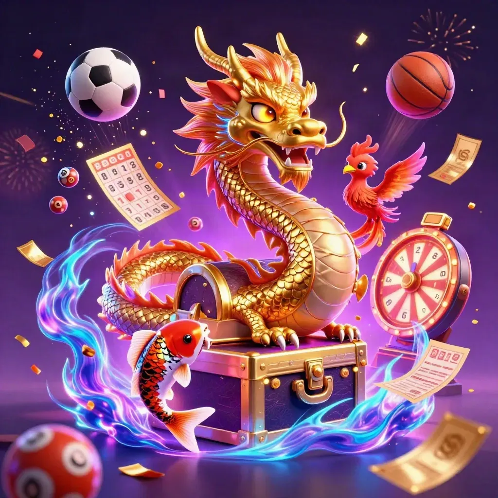 Golden dragon with phoenix and koi amid casino icons, balls, sparks and neon fireworks.