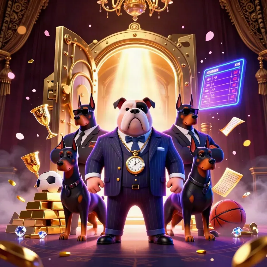Bulldog boss and Dobermans around an open gold vault amid casino glow and floating jewels.