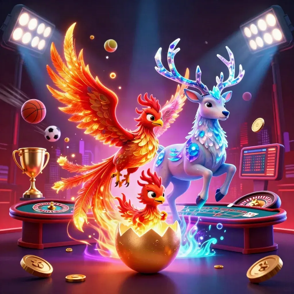 Phoenix, baby phoenix, and stag amid casino lights, balls, coins, and a spinning wheel.