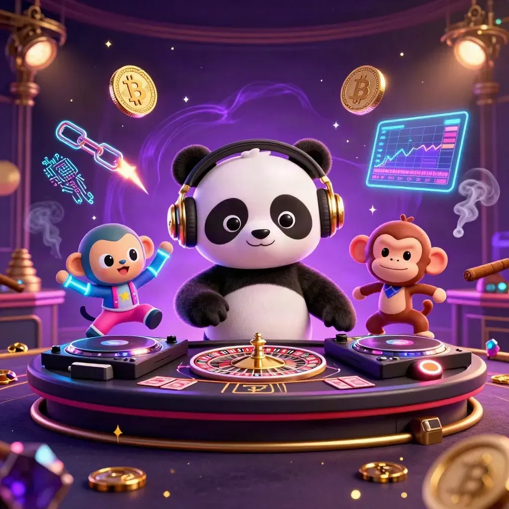 DJ panda, monkey, and kitten in a neon casino with crypto coins and roulette wheels.