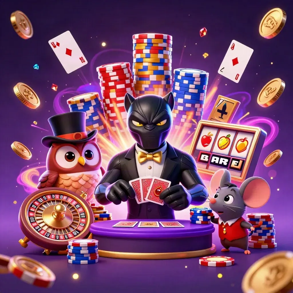 Panther, owl, and mouse in a neon casino burst with coins, cards, chips, and purple glow.