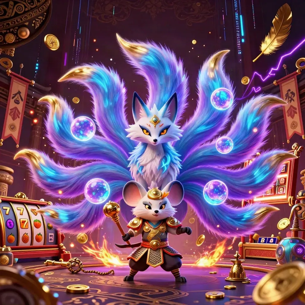 Neon fox spirit and gold-armored mouse amid casino relics, coins, and glowing slots.