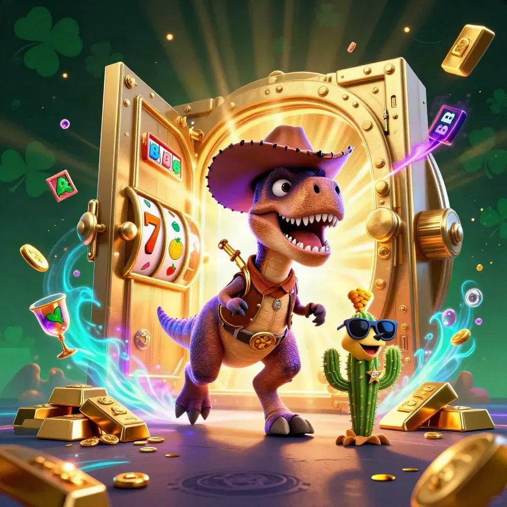Cowboy T-Rex, cactus sidekick, and sheriff roadrunner explode from a glowing gold vault
