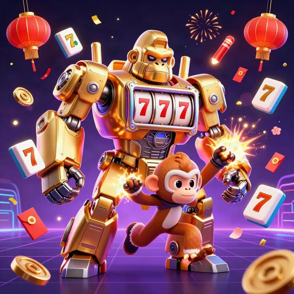 Golden gorilla mech with monkey pilot exploding through slot gems, lanterns, coins, and firework sparks.