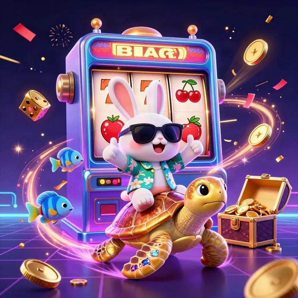 Lucky rabbit rides a gold sea turtle as slot symbols, coins, and fireworks burst around them.