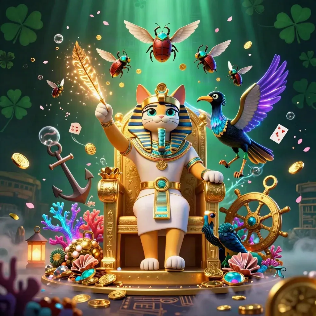 Pharaoh cat on golden throne with ibis scribe and gem-winged scarabs amid treasure and coral.