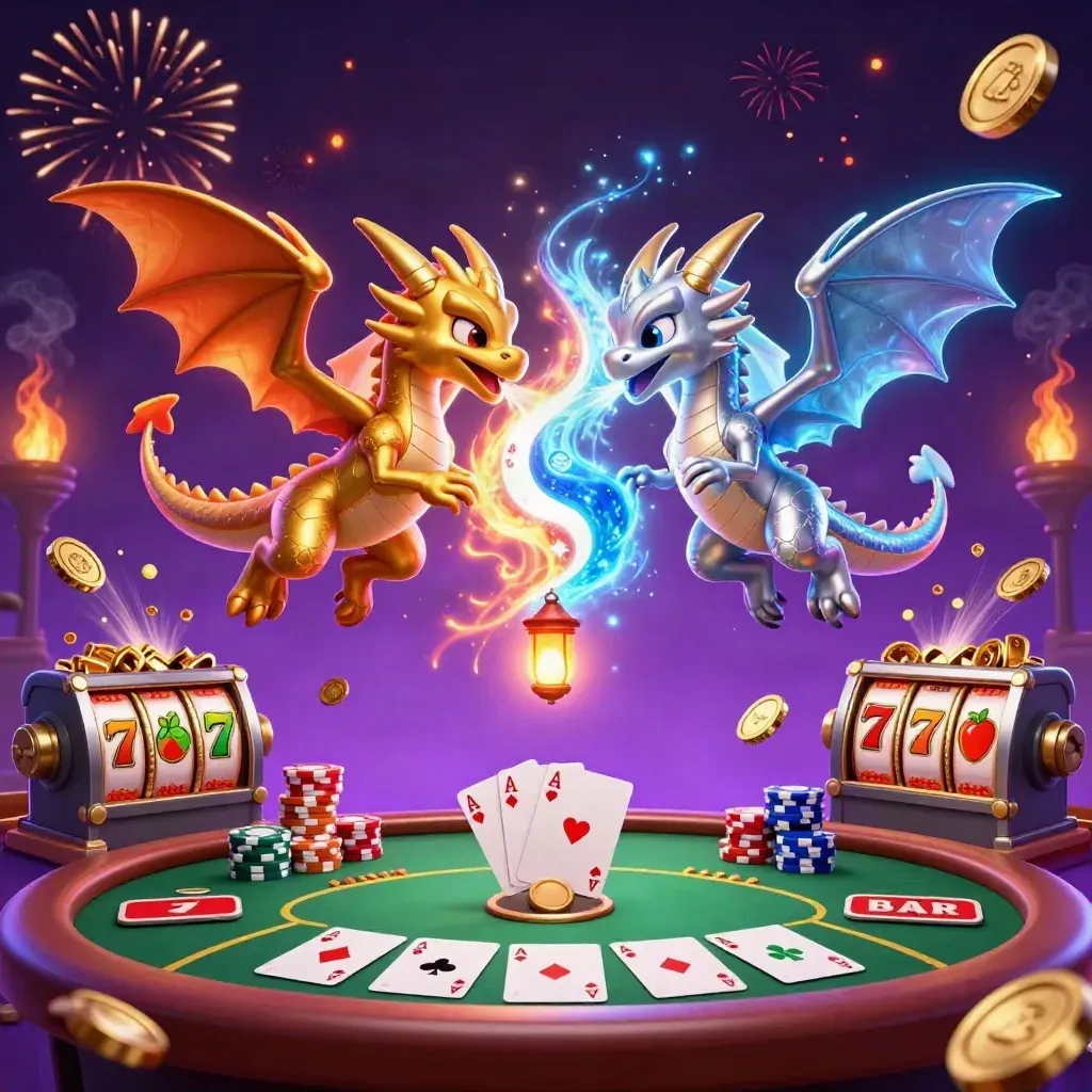 Gold and silver dragons spiral amid casino chips, cards, coins, reels, and fireworks in neon purple-blue glow.