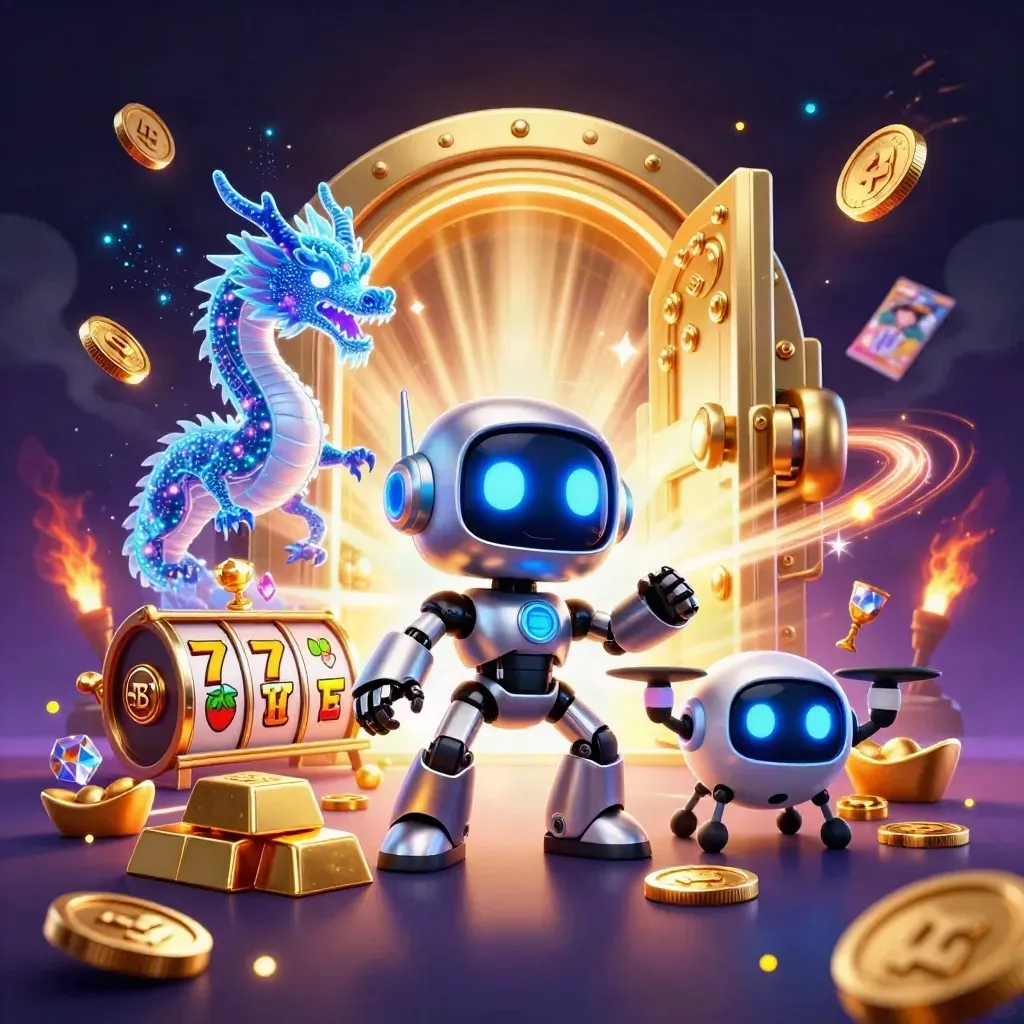 Cyberpunk robot, holographic dragon, and coin drone burst from a gold vault with coins, gems, and sparks.