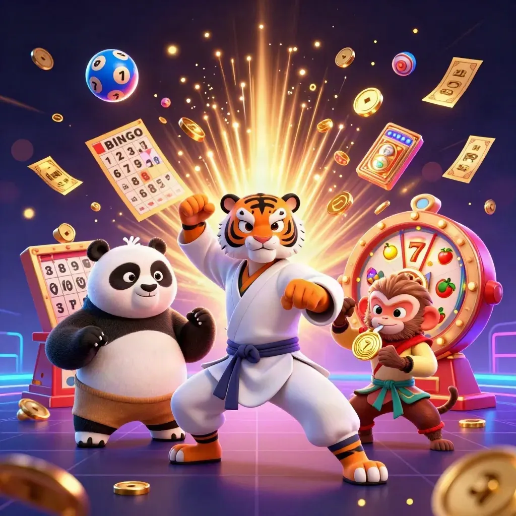 Tiger, panda, and monkey amid casino riches, coins, reels, fireworks, and neon glow.