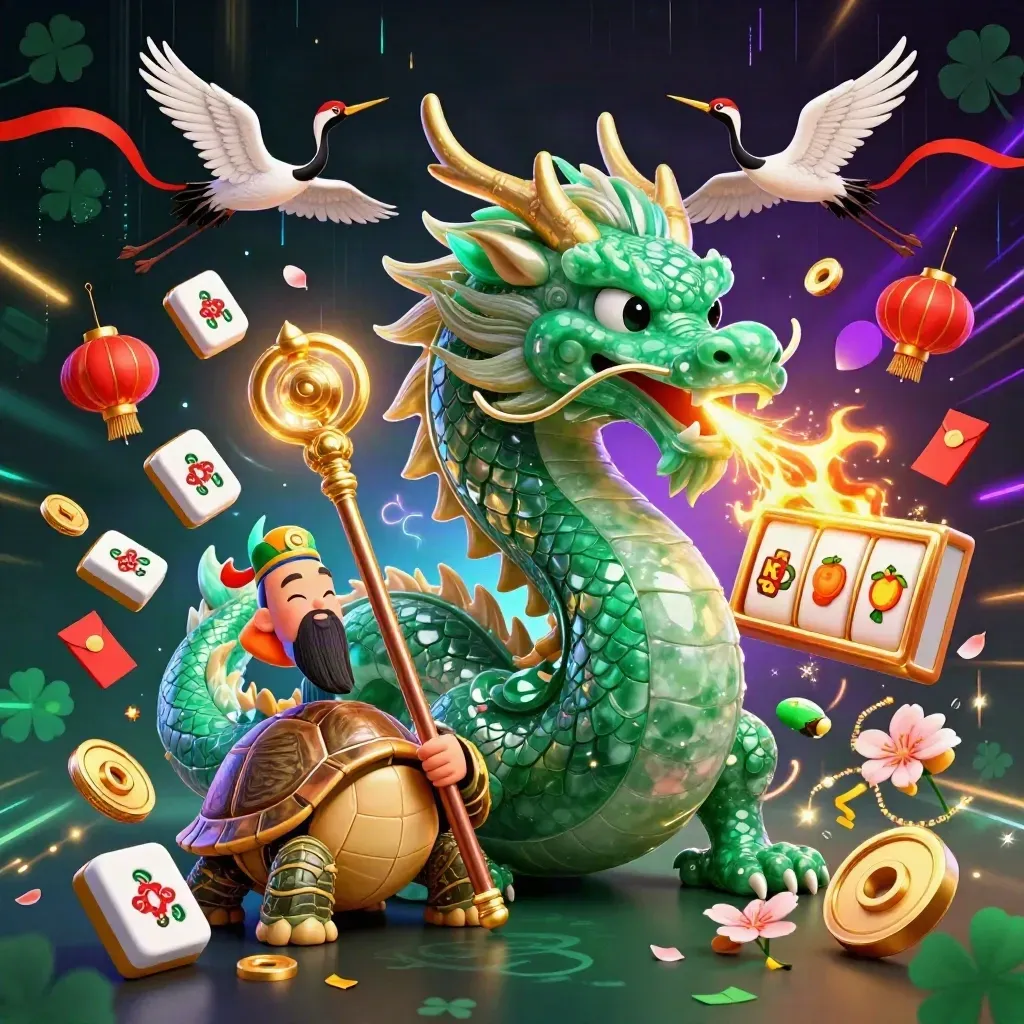 Emerald dragon, turtle sage, and cranes amid casino symbols, gold fire, neon glow, and dark green luck patterns.