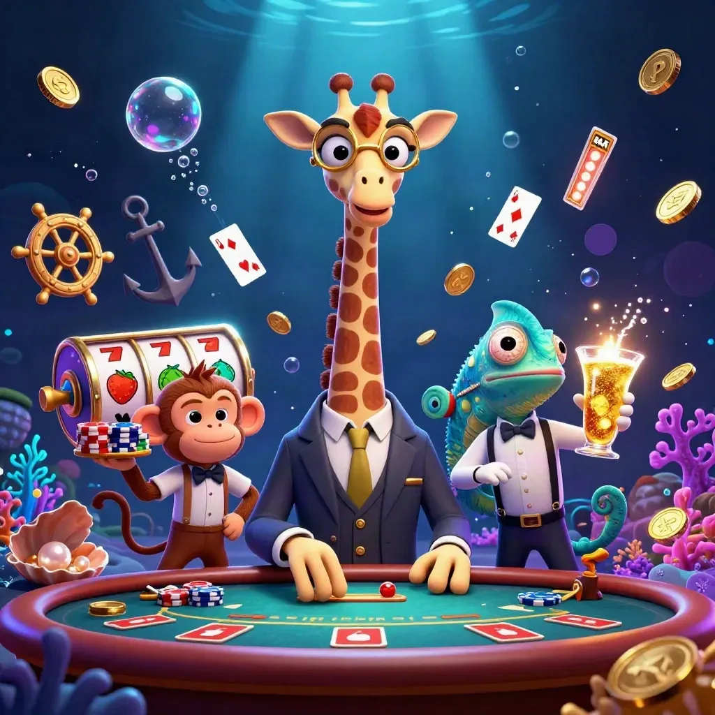 Giraffe gambler, monkey valet, and chameleon bartender in a glowing underwater casino scene.