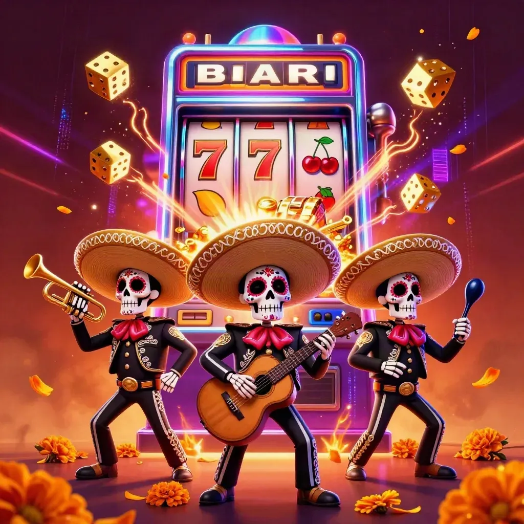 Three sugar-skull mariachi skeletons burst from a slot machine in neon blue, purple, and gold glow.