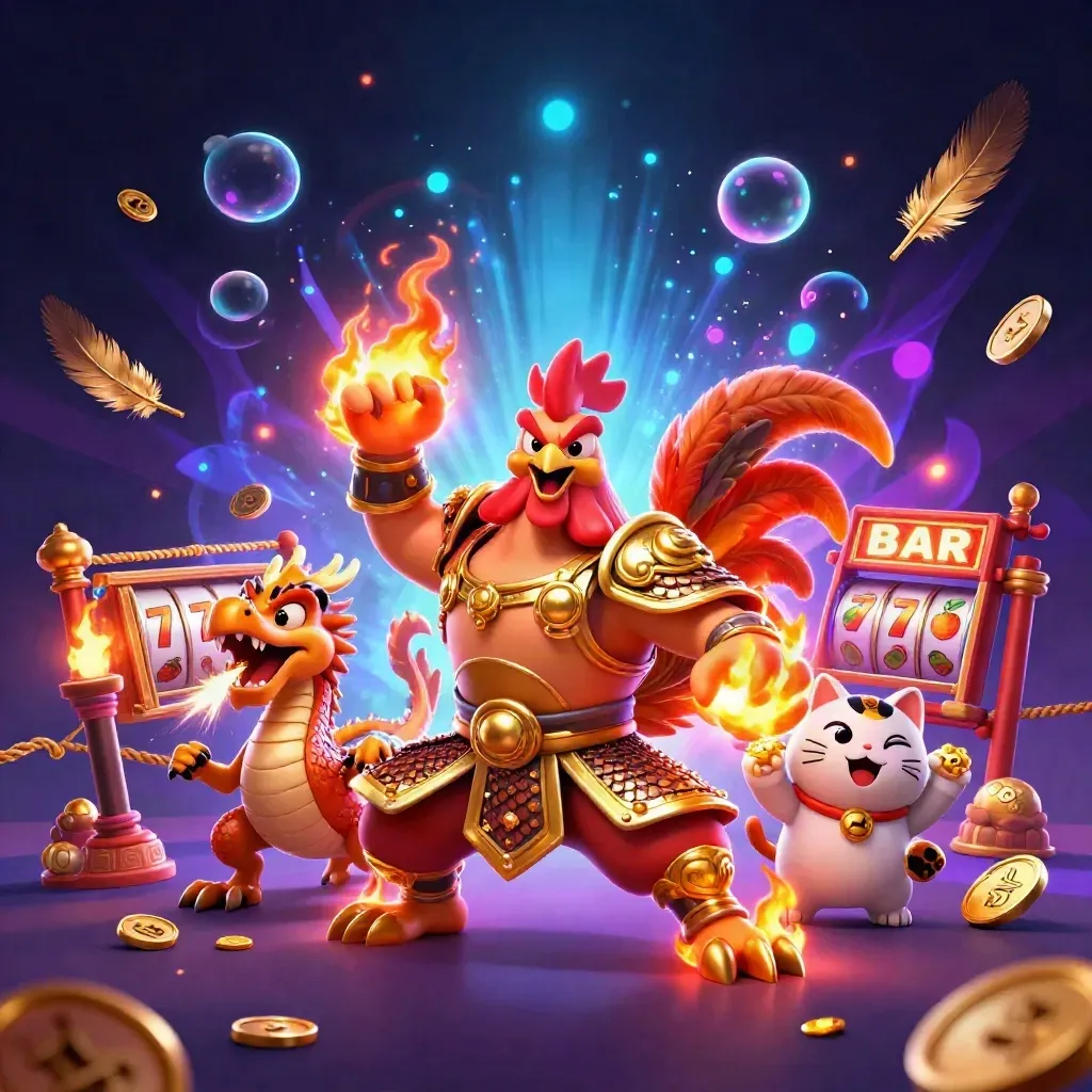 Rooster samurai, dragon hatchling, and fortune-cat amid gold coins, reels, and neon casino glow.