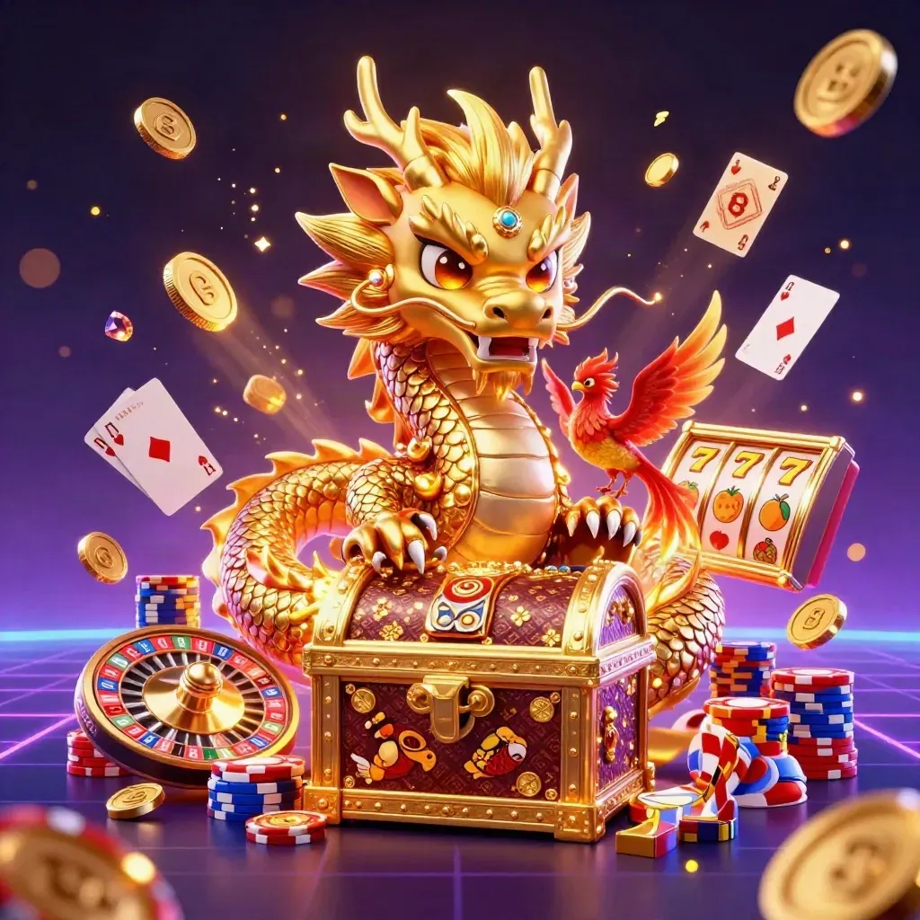 Golden dragon with phoenix and koi amid coins, chips, roulette, cards and neon casino glow.