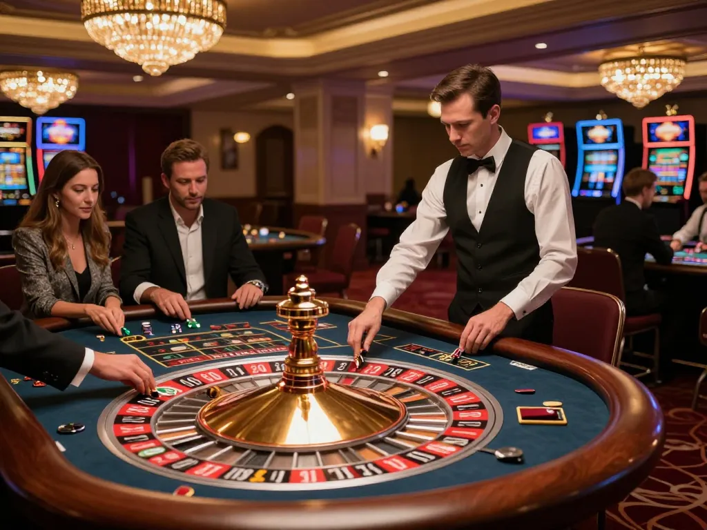 Experience the excitement of roulette at QQ888 with players strategizing their bets in a luxurious casino.