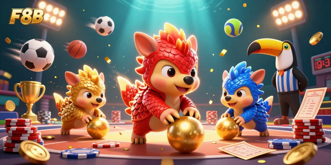 F8BET pangolins compete in a dynamic betting game scene, bowling through poker chips.