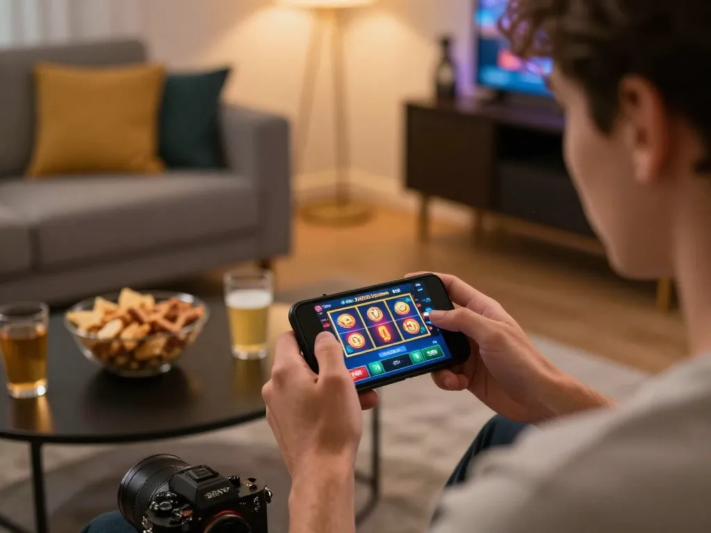 Engaged player using manclub casino app on mobile phone for strategic gaming.