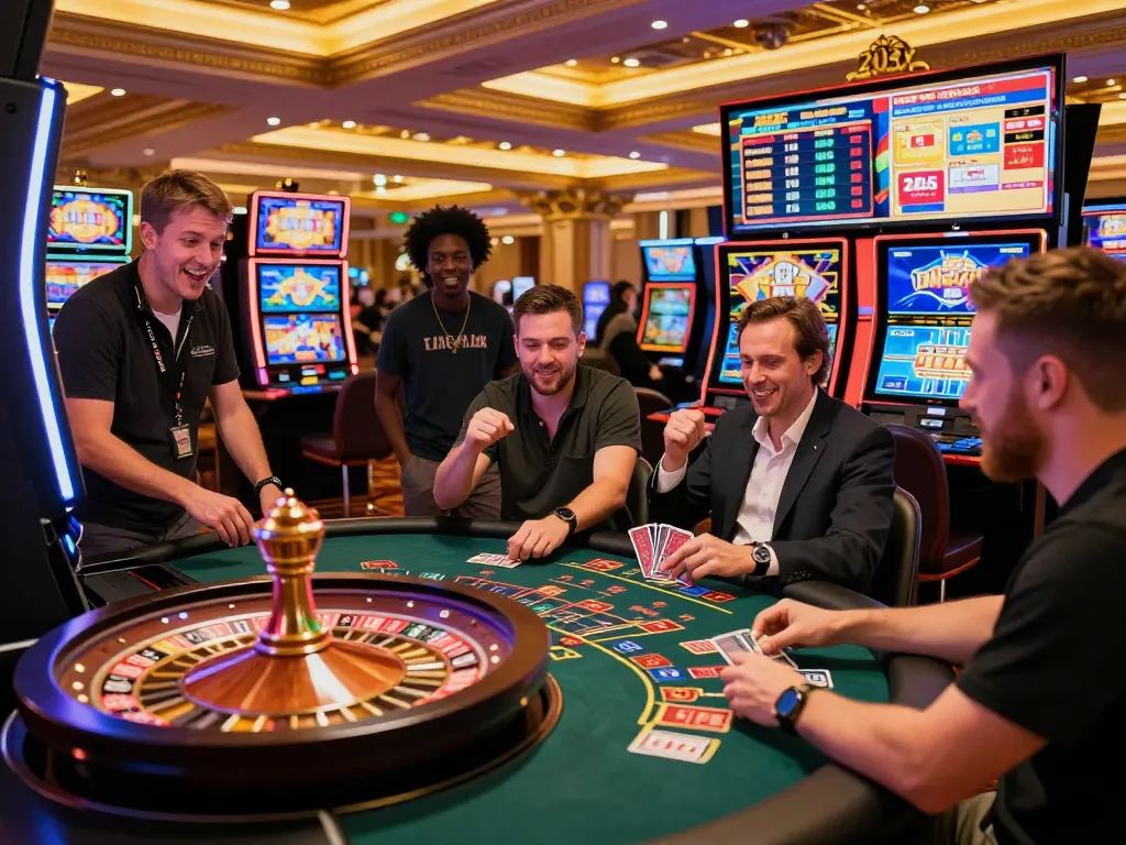 Exciting gambling scene at 8KBET casino with players engaged in roulette, baccarat, and slots.