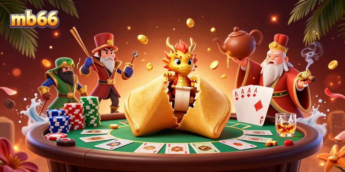 Experience excitement with mb66 as a tiny dragon reads fortunes within a golden fortune cookie amidst poker elements.