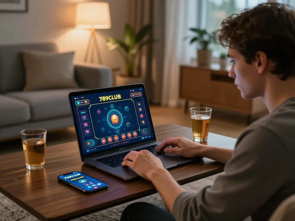 Engaged gamer enjoying 789CLUB on a laptop at home, displaying strategic gameplay and responsible gambling.