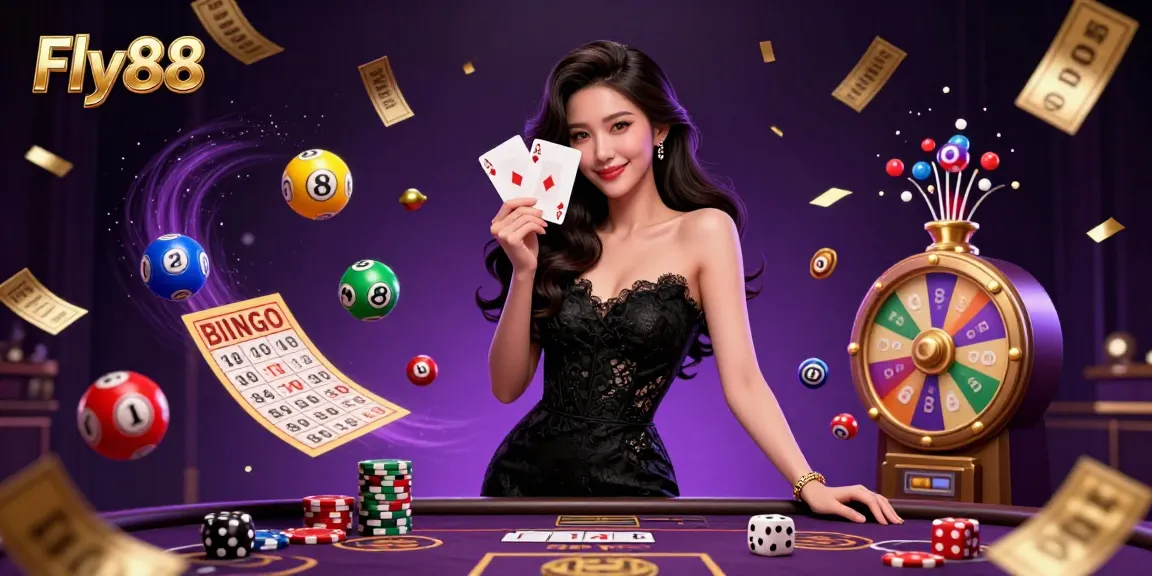 Experience the excitement of Fly88 with a stylish woman holding playing cards amidst vibrant gambling elements.