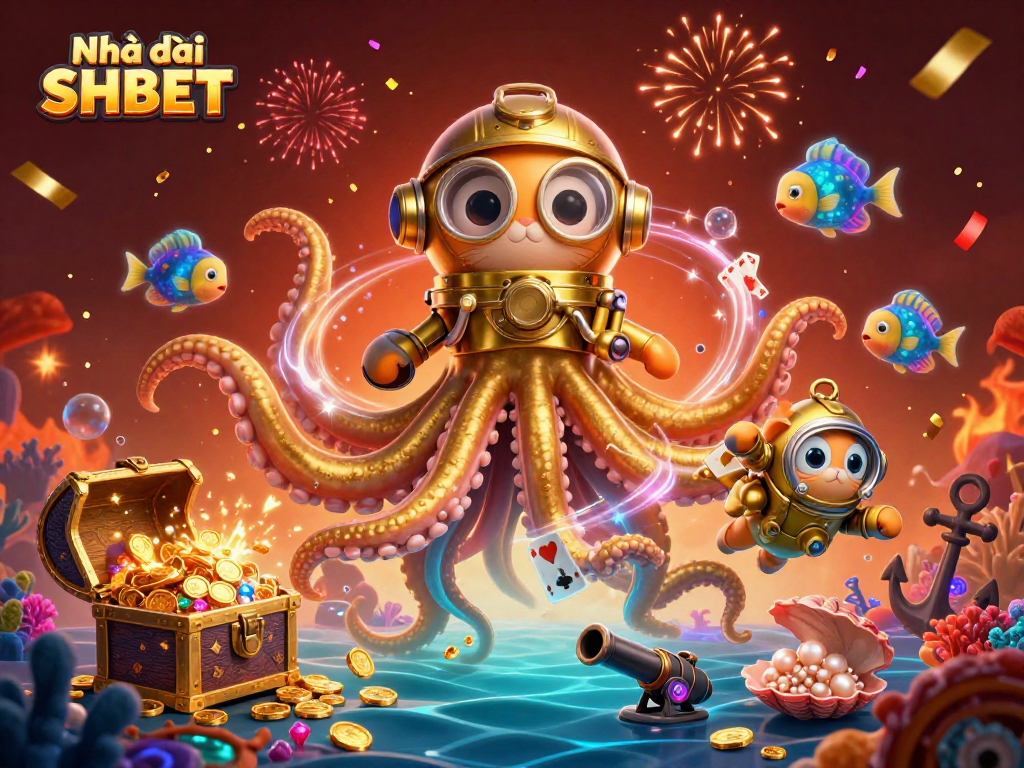 Experience thrilling adventures at Nhà cái SHBET with a vibrant ocean scene featuring a kraken, diving cat, and bioluminescent fish