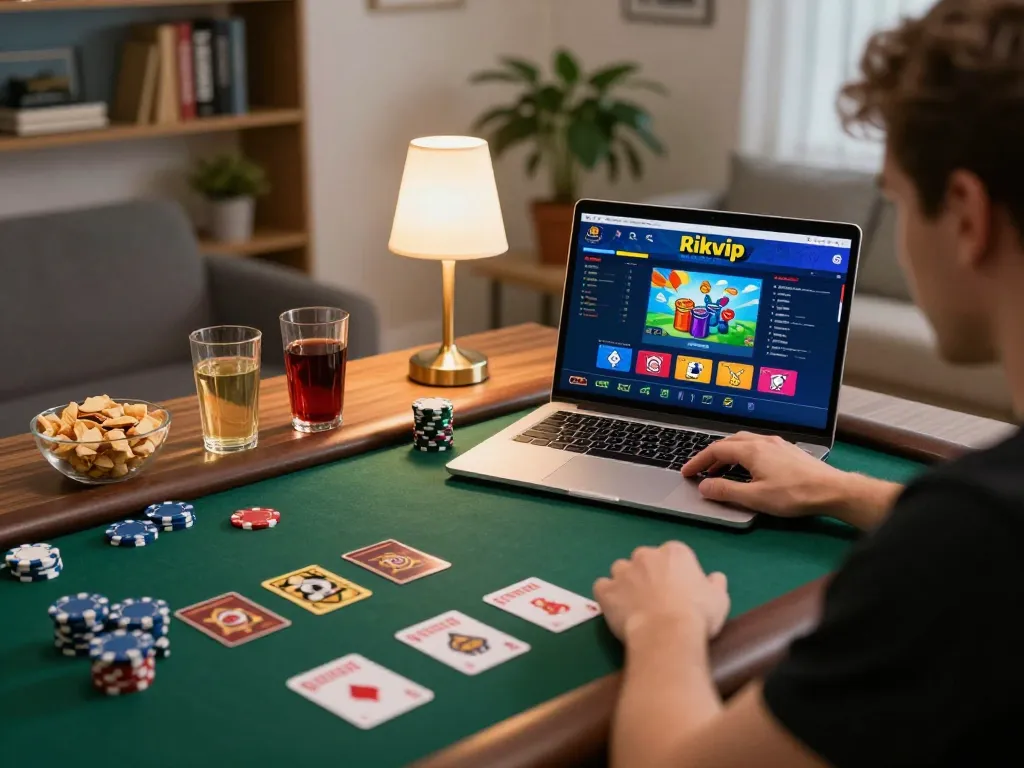 Player engaging with rikvip online casino on a laptop in a cozy home setting.