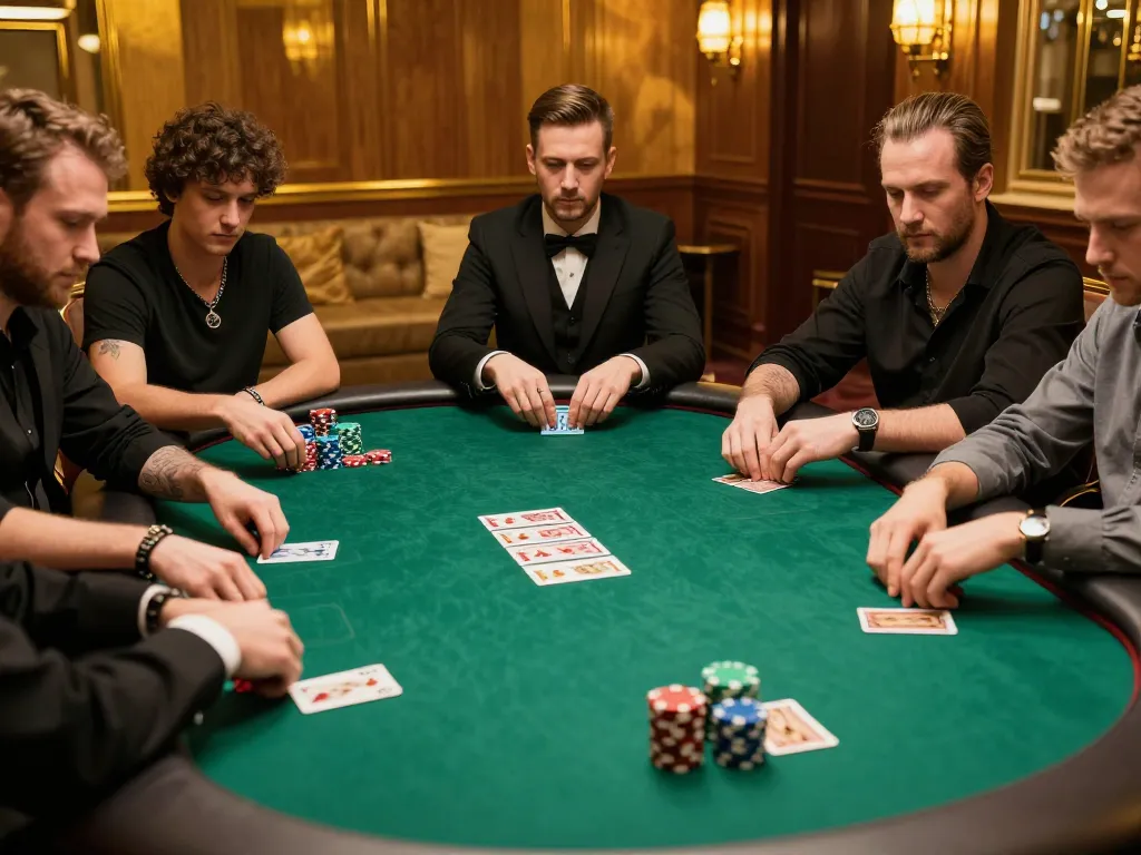 Players strategizing at a gem88 poker table in a luxurious casino environment with vibrant chips and cards